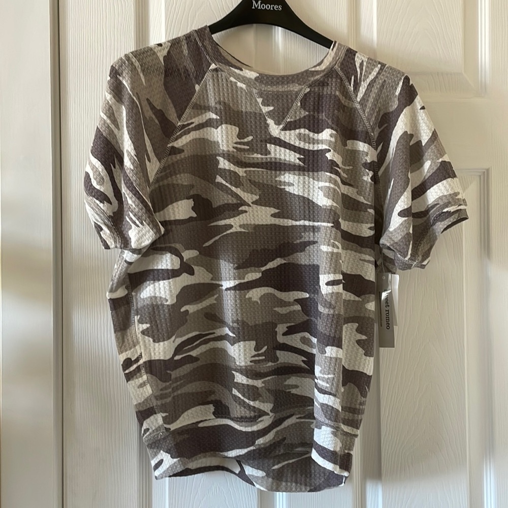 Sweet Romeo white gray camouflage camo waffle knit top